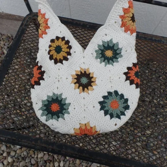 Crochet Floral Hobo Tote Knit Granny Square Boho Lined 'By Masal' Hippy Bag NWOT - Picture 3 of 6